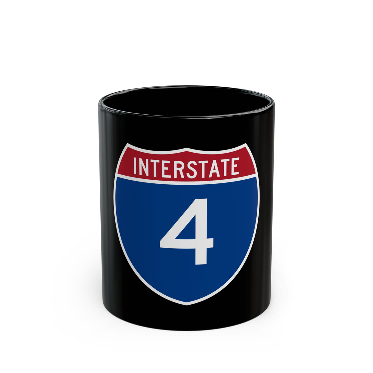 Interstate 4 highway shield, flat vector, with a red INTERSTATE top band over white route number 4 on blue.