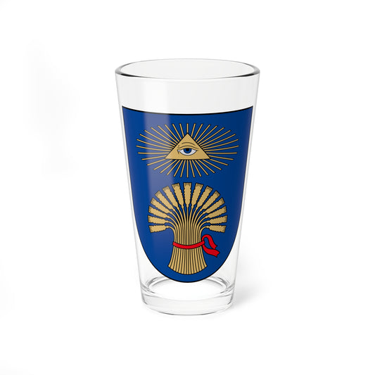 Gold eye within a triangle with radiating rays above a gold wheat sheaf tied with red ribbon on a blue shield.