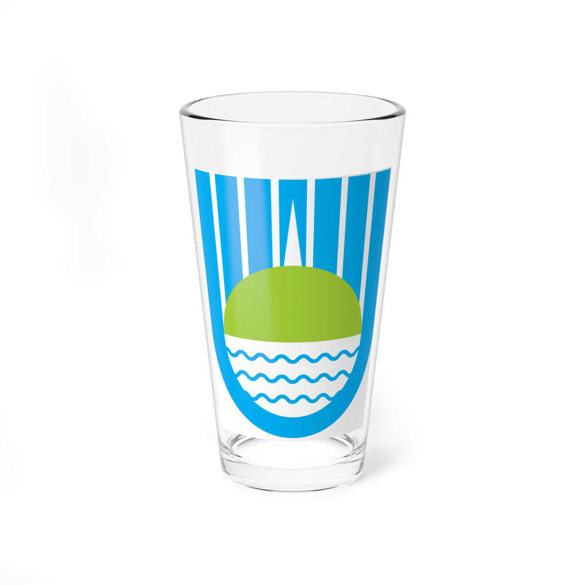 Blue vertical stripes frame a green sun rising over three wavy white water lines in a U-shaped badge.