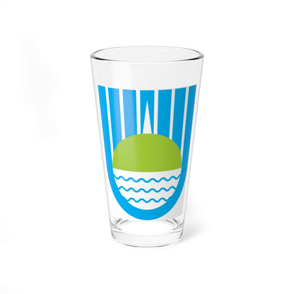 Blue vertical stripes frame a green sun rising over three wavy white water lines in a U-shaped badge.