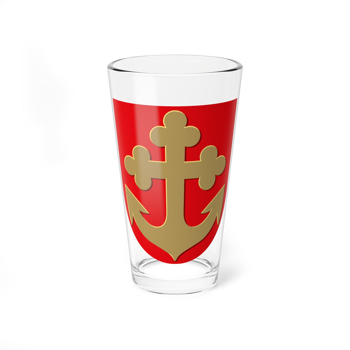 Red shield crest with a tan-gold cross anchor whose upper arms end in trefoil lobes, in flat vector style.
