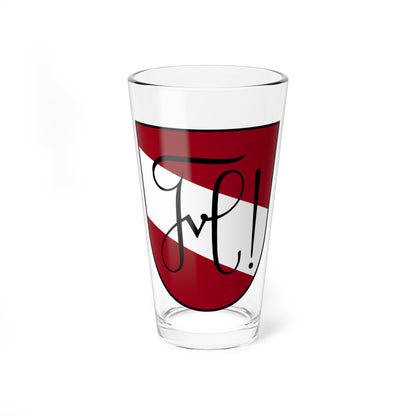 Black script monogram with an exclamation mark over a red and white diagonally banded heraldic shield.