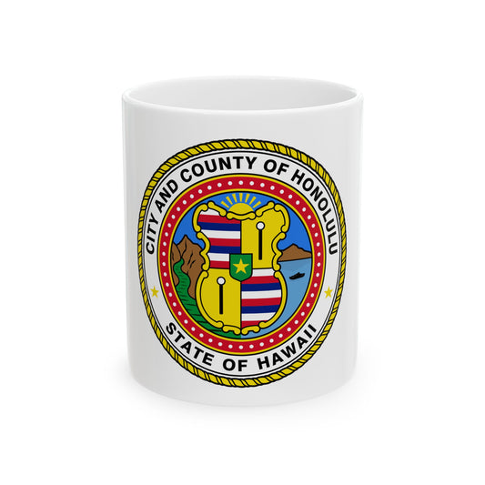 Colourful circular official seal of Honolulu, Hawaii, with a Hawaiian flag shield, rising sun and the sea.