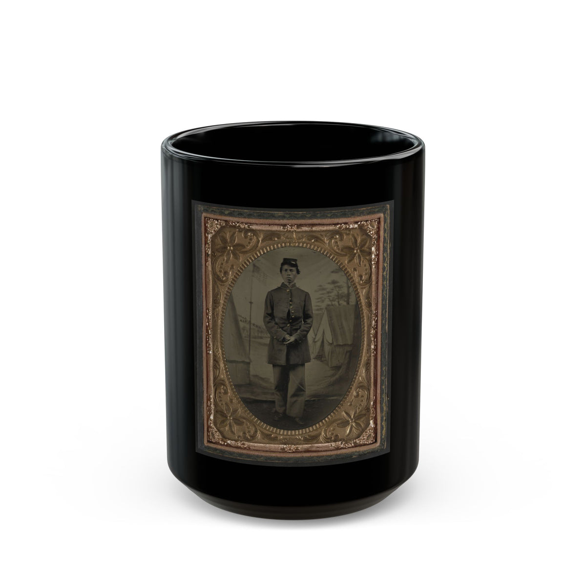 Standing Soldier, Frock Coat, Kepi, Painted Background, Dirt Floor, Done By Traveling Camp Photographer (U.S. Civil War) Black Coffee Mug