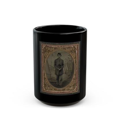 Standing Soldier, Frock Coat, Kepi, Painted Background, Dirt Floor, Done By Traveling Camp Photographer (U.S. Civil War) Black Coffee Mug