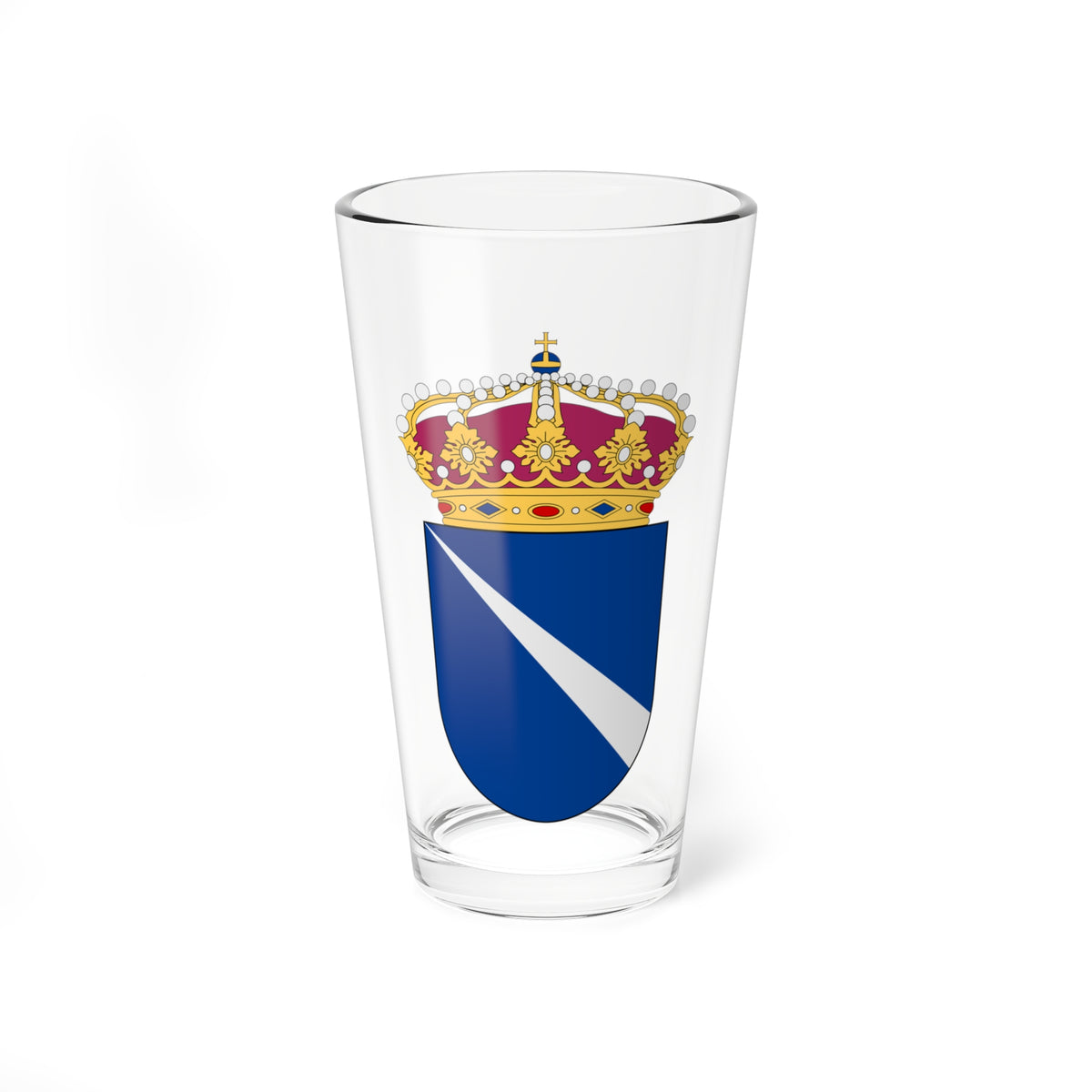 Royal crown set with pearls above a blue heraldic shield crossed by a diagonal pale stripe on a plain ground.