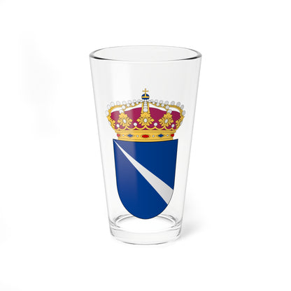 Royal crown set with pearls above a blue heraldic shield crossed by a diagonal pale stripe on a plain ground.