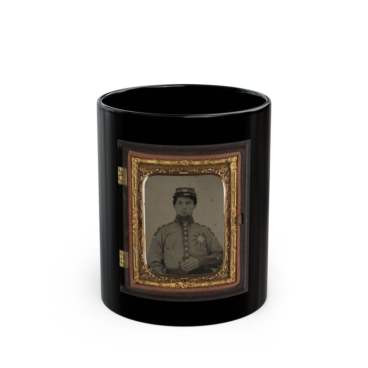 Vintage tintype of a soldier in a kepi marked with a W and a star badge on his jacket, in an ornate gilt case.