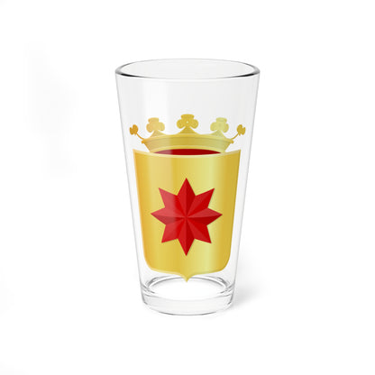 Gold heraldic shield bearing a large red eight-pointed star, topped by a gold crown with trefoil points.