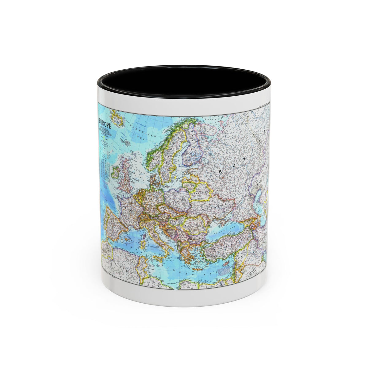 National Geographic political map of Europe extending into Turkey and North Africa, in cream and ocean blue.