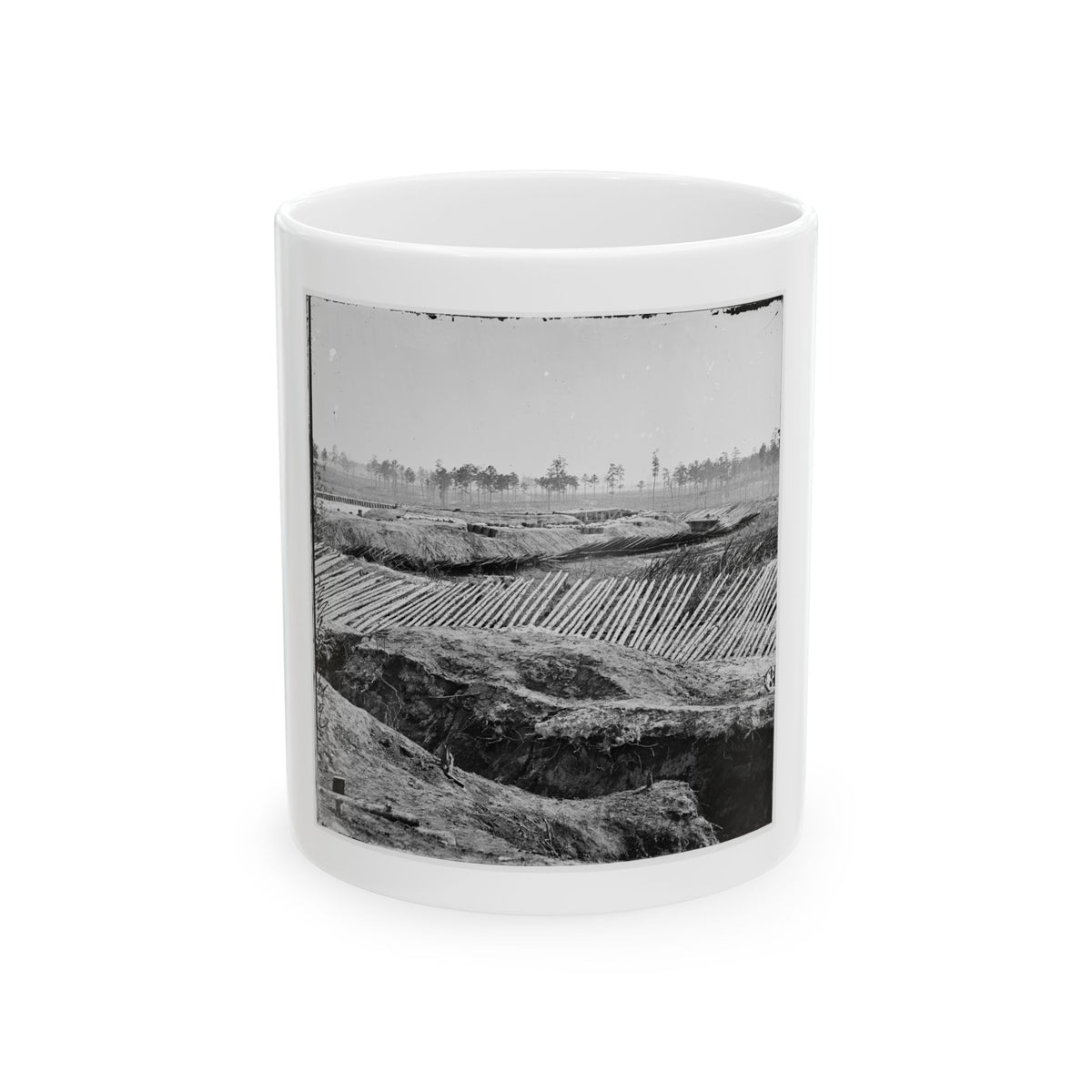 Black and white view of earthworks with rows of sharpened timber stakes angled across embankments under a pale sky.