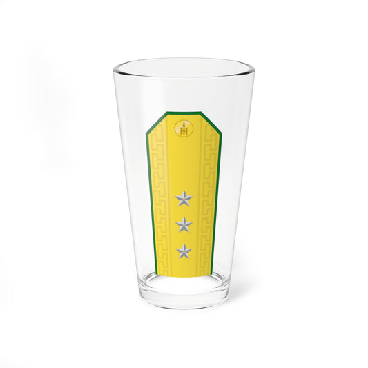 Yellow military shoulder board with a green border, three silver stars down the centre and a gold emblem on top.