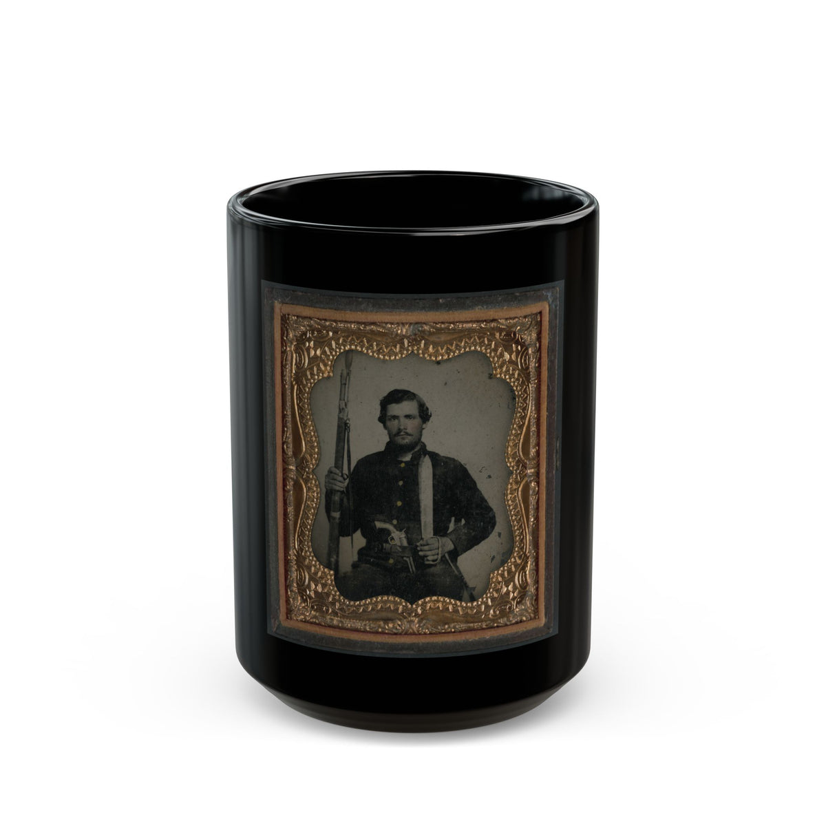 Unidentified Soldier In Confederate Uniform With Musket And Horstman & Sons Sword Bayonet, Pistol, And Bowie Knife (U.S. Civil War) Black Coffee Mug