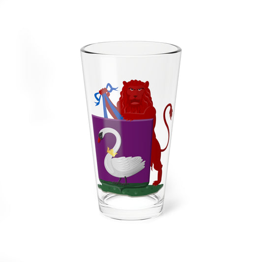 White swan wearing a gold crown on a purple shield, with a red lion behind holding blue ribbons above.