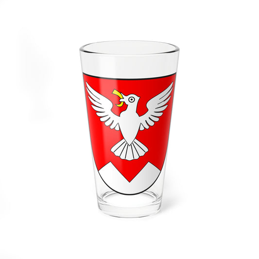 A white dove with spread wings and yellow beak above a white chevron on a red heraldic shield, in flat vector style.