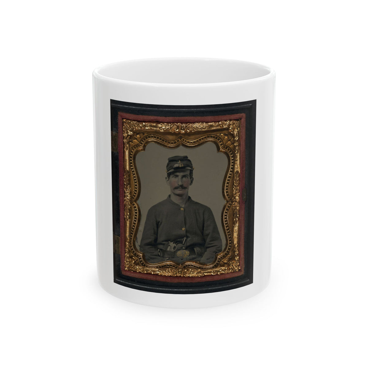 Antique hand-tinted tintype of a moustached soldier in a forage cap and grey jacket, set in an ornate gilt frame.