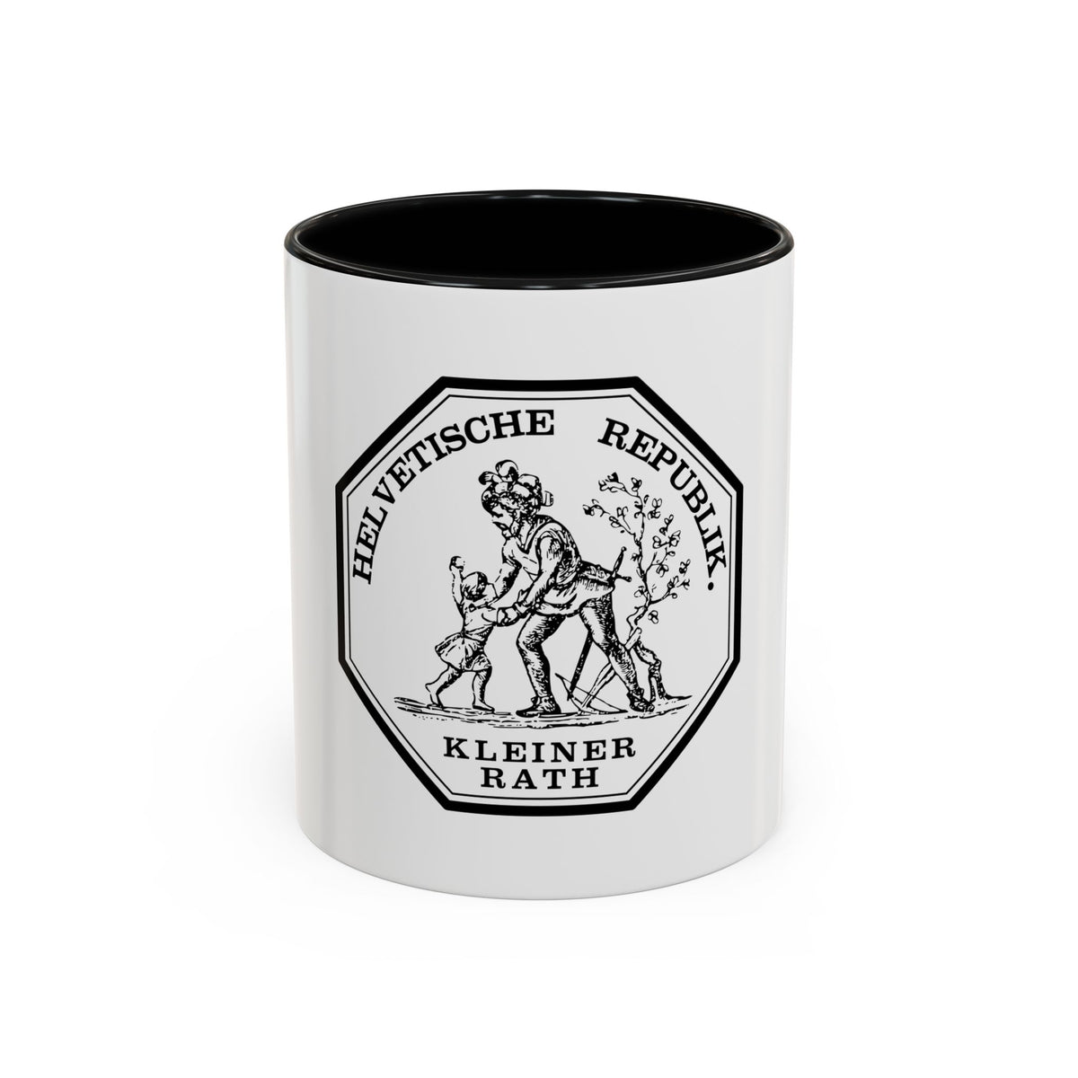 Black and white octagonal seal showing a man leading a child past a sapling, with HELVETISCHE REPUBLIK around the top.
