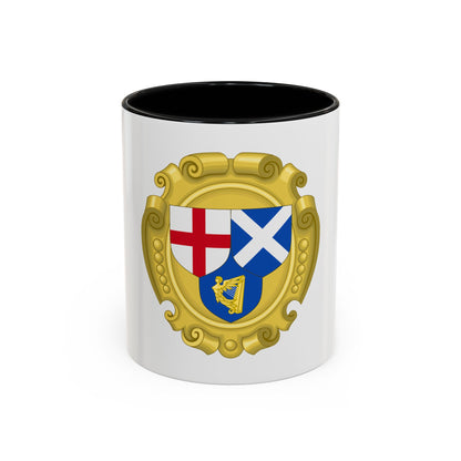 Gold scrolled cartouche holding three heraldic shields: a red cross on white, a white saltire, and a gold harp.
