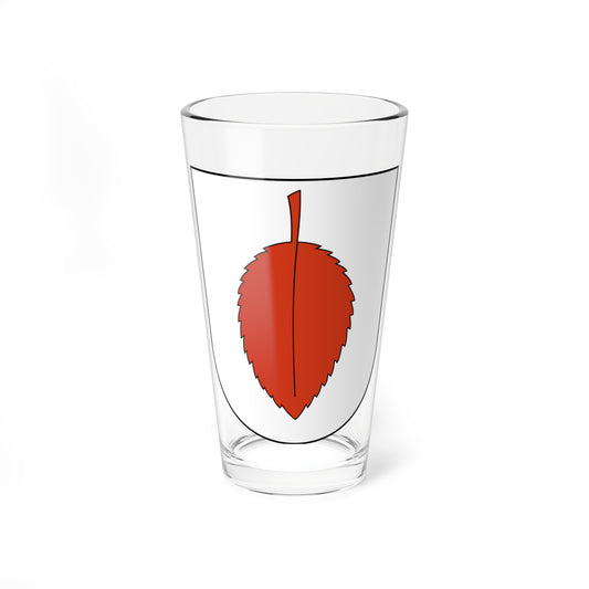 A single red serrated leaf with a stalk and central vein on a white heraldic shield.