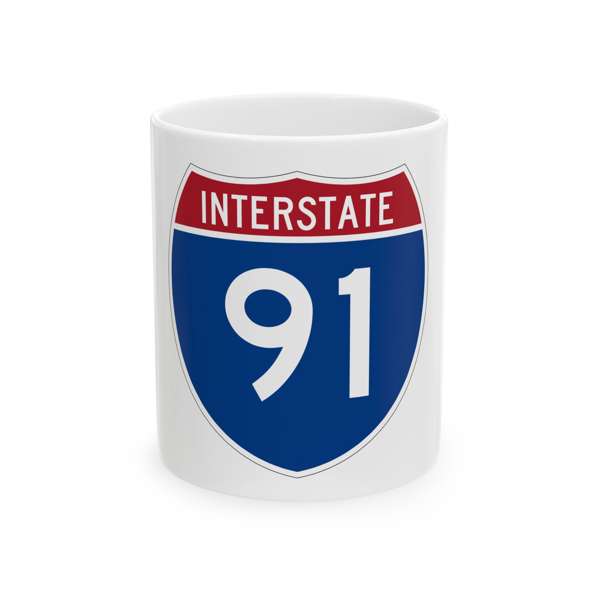 Flat vector US Interstate 91 route shield with a red top band reading INTERSTATE and white numerals 91 on navy.