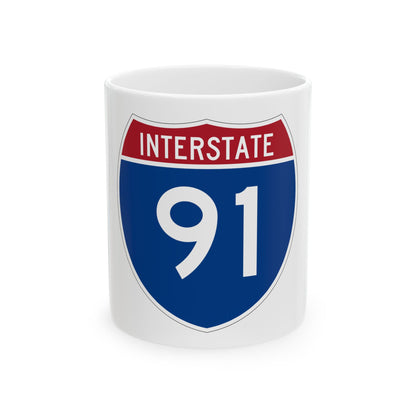 Flat vector US Interstate 91 route shield with a red top band reading INTERSTATE and white numerals 91 on navy.
