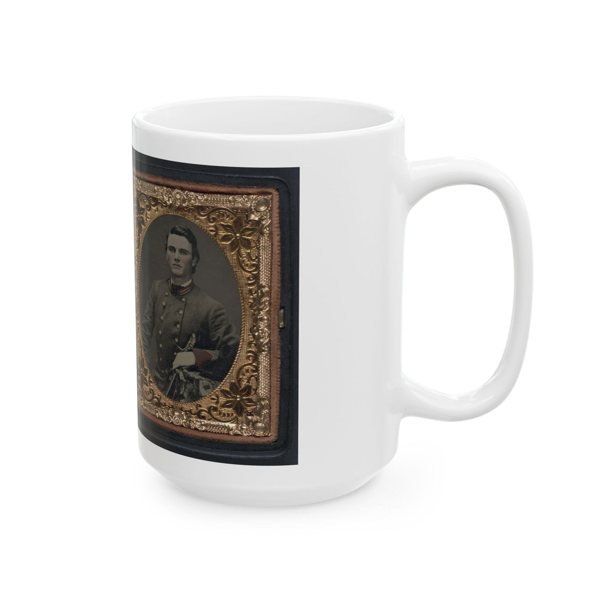 Unidentified Soldier In Confederate Artillery First Lieutenant's Uniform Holding Sword, With Lock Of Hair In Case (U.S. Civil War) White Coffee Mug