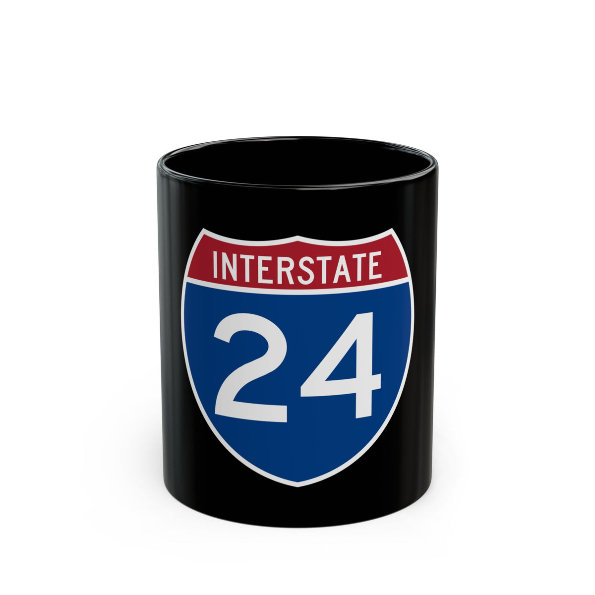 Brick red and navy Interstate 24 route marker, flat vector, with INTERSTATE across the top and white numerals below.