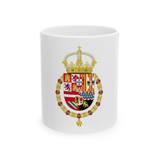 Royal coat of arms with a quartered shield of lions, castles and fleurs-de-lis in a gold collar, topped by a crown.