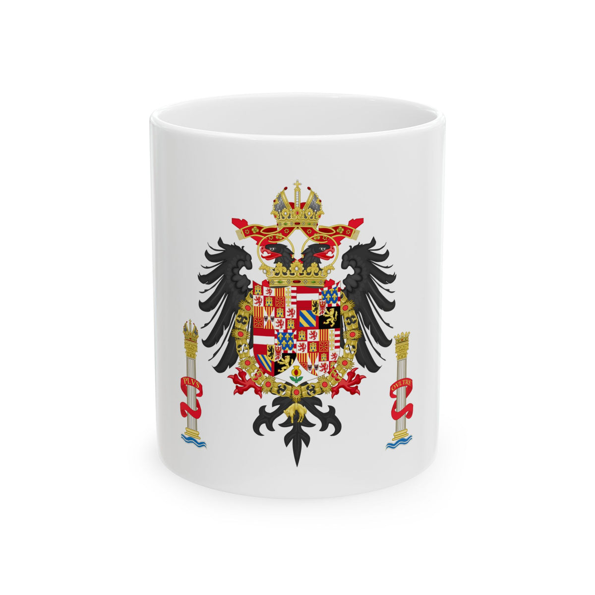 Black double-headed eagle above a quartered shield in red, white, blue and gold, flanked by two ribboned pillars.