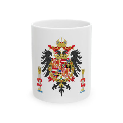 Black double-headed eagle above a quartered shield in red, white, blue and gold, flanked by two ribboned pillars.
