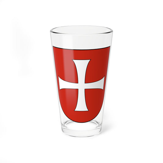 A white cross with splayed arms centred on a red heraldic shield outlined in black.