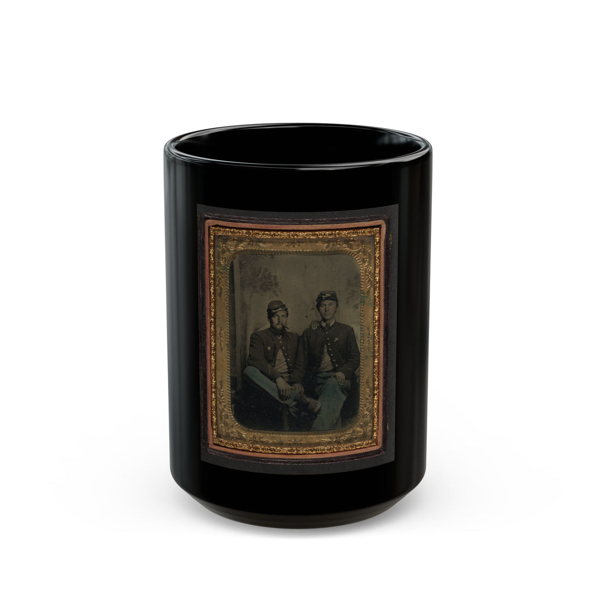 Two Unidentified Soldiers In Union Uniforms In Front Of Painted Backdrop Showing Trees (U.S. Civil War) Black Coffee Mug