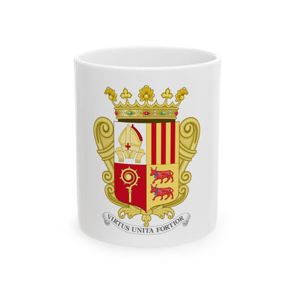 Flat vector ecclesiastical shield with a mitre, crozier and two red bulls, gold scrollwork and a crown.