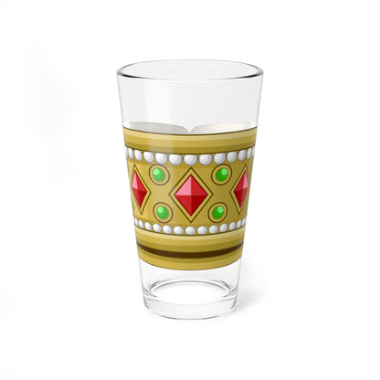 Gold crown band set with red diamond-shaped gems, green cabochons and rows of white pearls on a plain background.