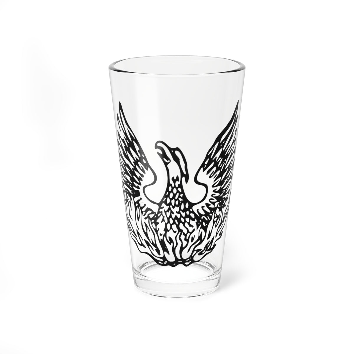 Bold black silhouette of a phoenix with spread wings rising from stylised flames on a white background.