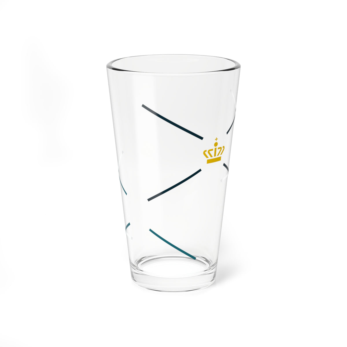 Small gold crown with a cross finial centred among navy and teal diagonal lines on a plain white background.
