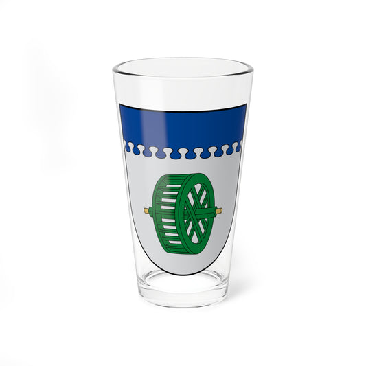 Green water wheel on a silver field beneath a blue wavy band on a heraldic shield with black outline.