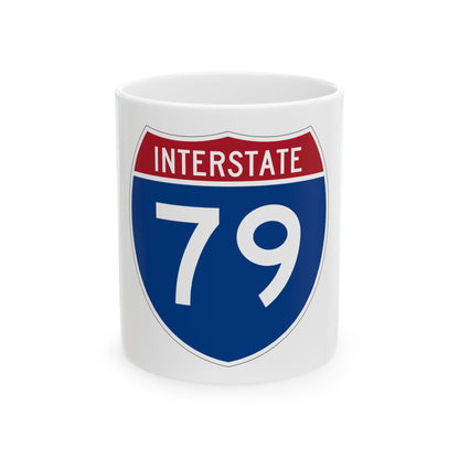 Flat vector US Interstate 79 route shield: white INTERSTATE above the number 79, set on navy blue.