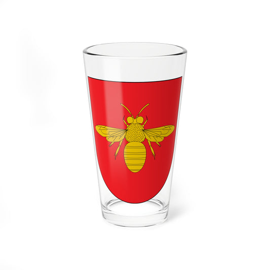 Gold bee with spread wings centred on a red heraldic shield, on a plain white background.