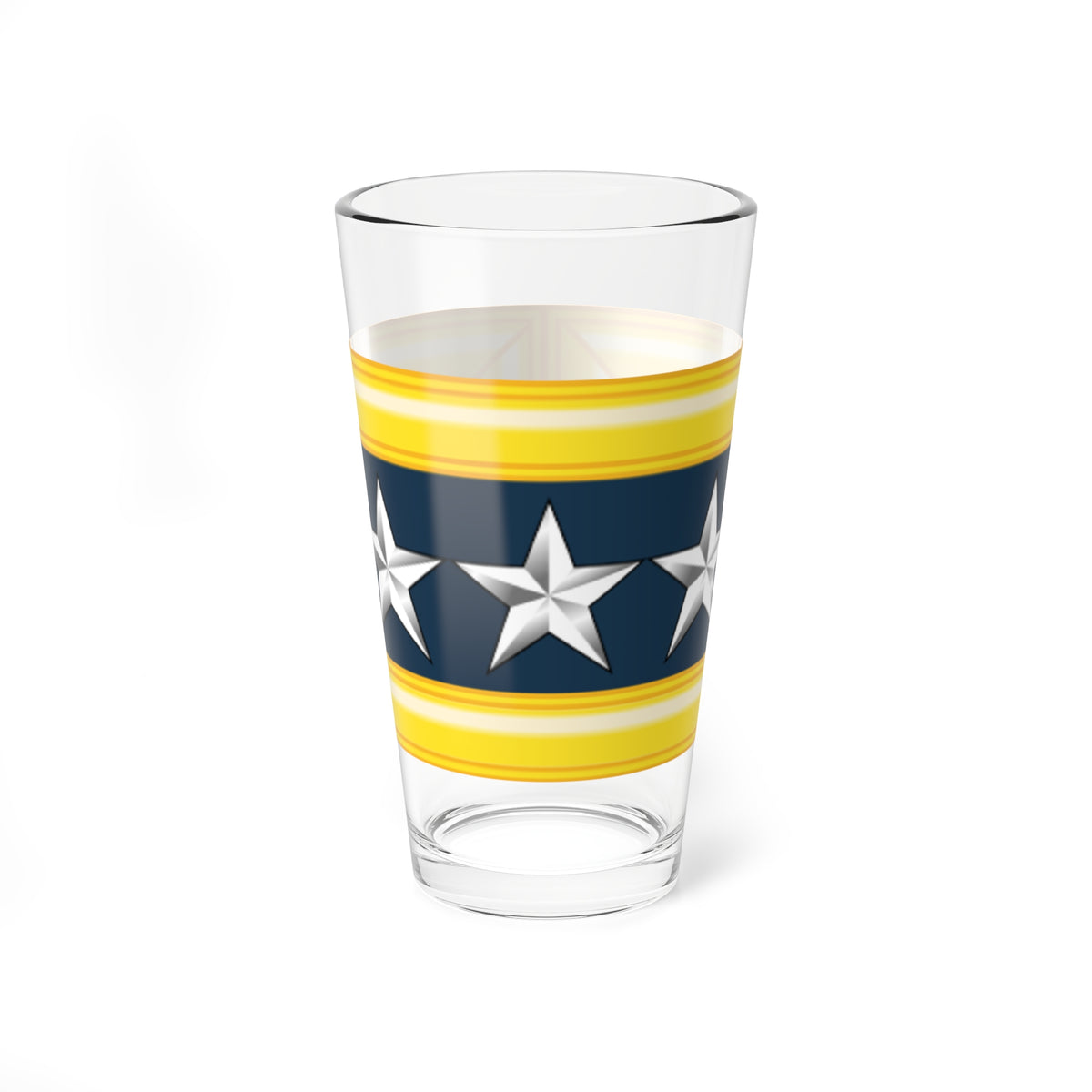Three silver five-pointed stars in a row on a navy field framed in bevelled gold, with metallic shading.