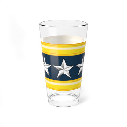 Three silver five-pointed stars in a row on a navy field framed in bevelled gold, with metallic shading.