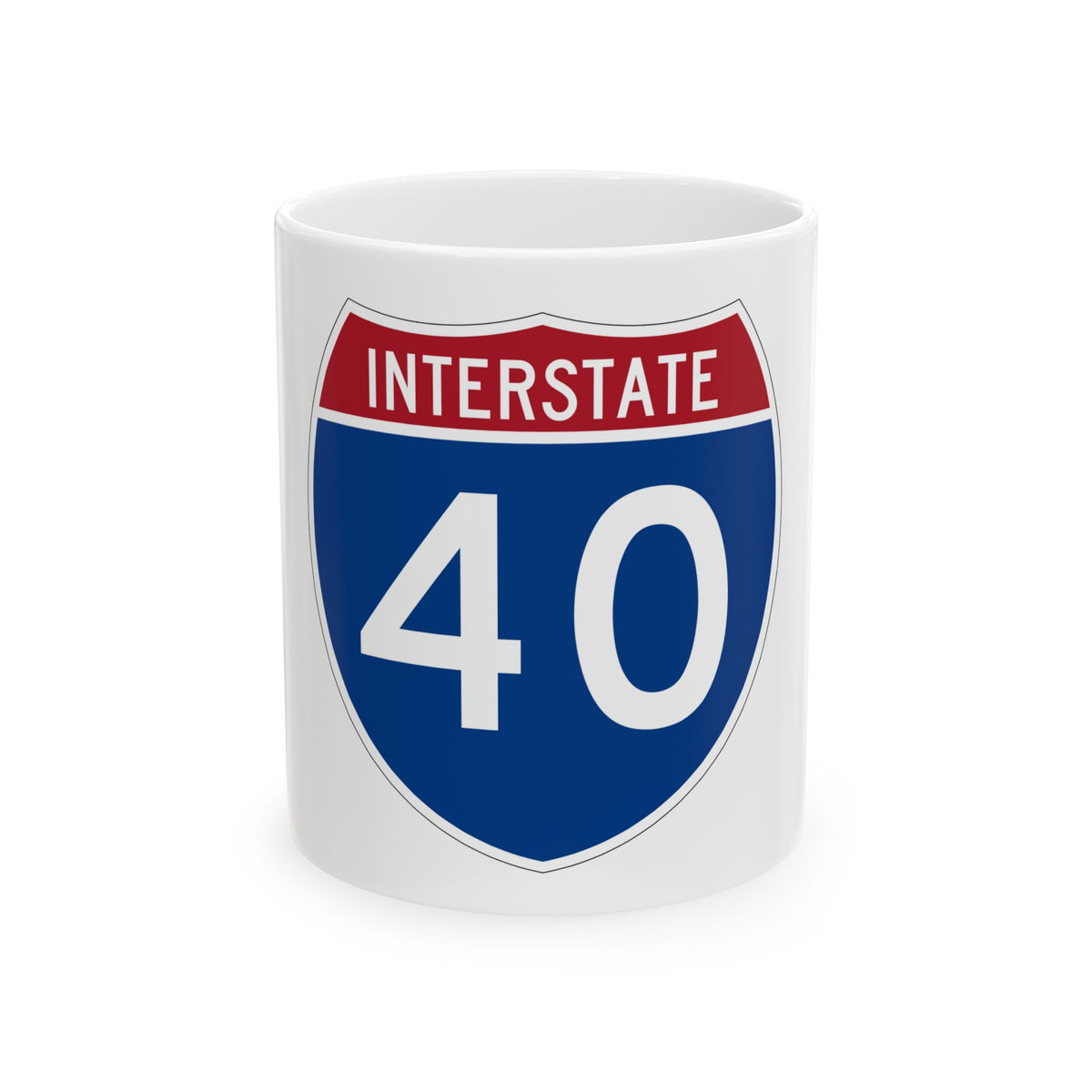 Blue and brick red Interstate 40 route shield, the word INTERSTATE in a top band above a white 40.
