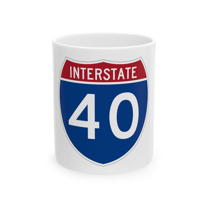 Blue and brick red Interstate 40 route shield, the word INTERSTATE in a top band above a white 40.