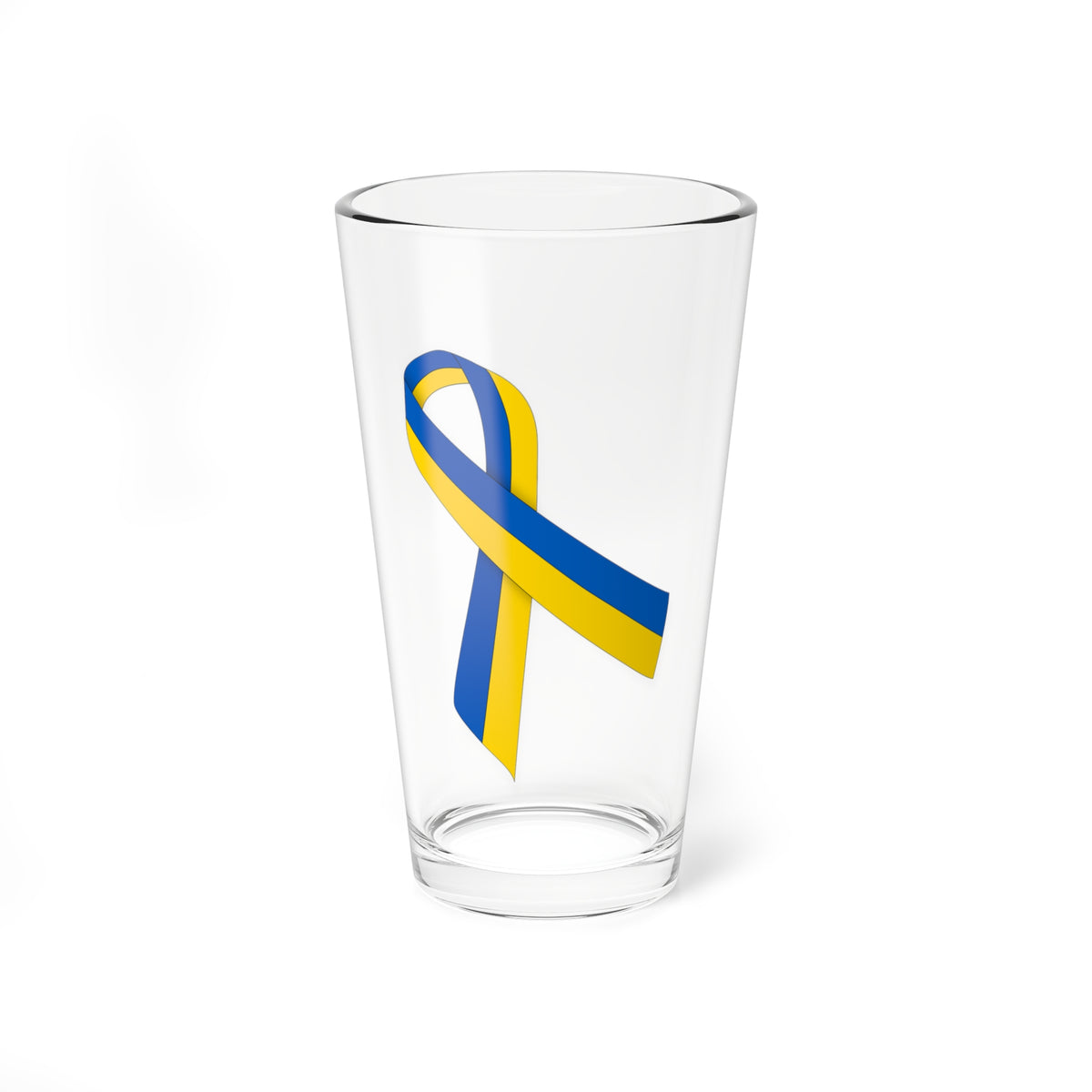 Looped awareness ribbon in blue and yellow, the colours of the Ukrainian flag, with a soft shadow on white.