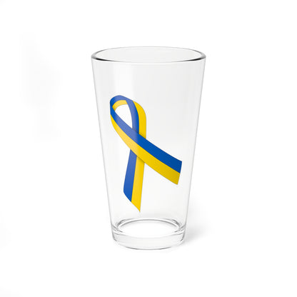 Looped awareness ribbon in blue and yellow, the colours of the Ukrainian flag, with a soft shadow on white.