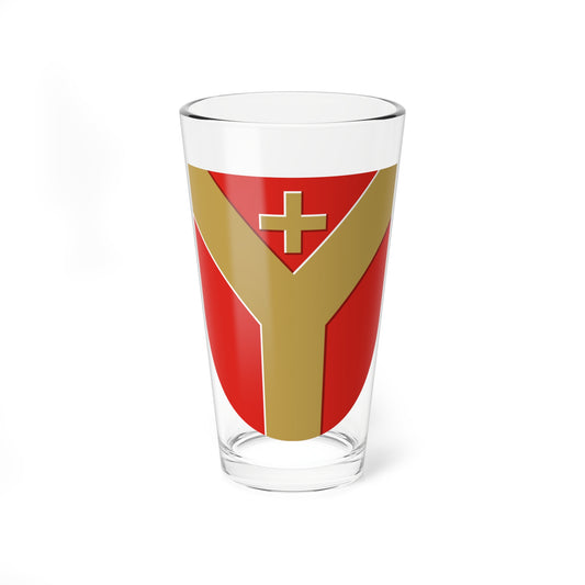 Flat red shield with a broad gold Y-shaped band running down the centre and a small gold cross above.