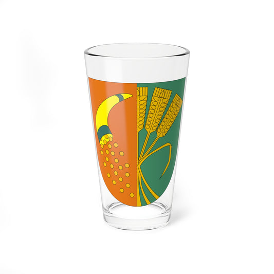 Split heraldic shield, orange side with a yellow sickle and scattered grains, green side with golden wheat ears.