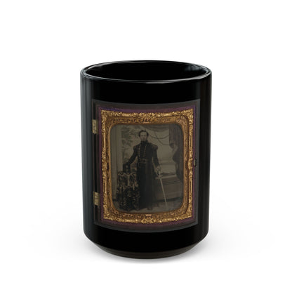 Unidentified Soldier In Union Uniform Holding Sword, With Company D Artillery Regiment Shako Hat On Table Beside Him (U.S. Civil War) Black Coffee Mug