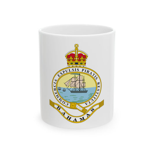Oval badge with a three-masted ship at sea under a gold crown, ringed with Latin words and a BAHAMAS ribbon.