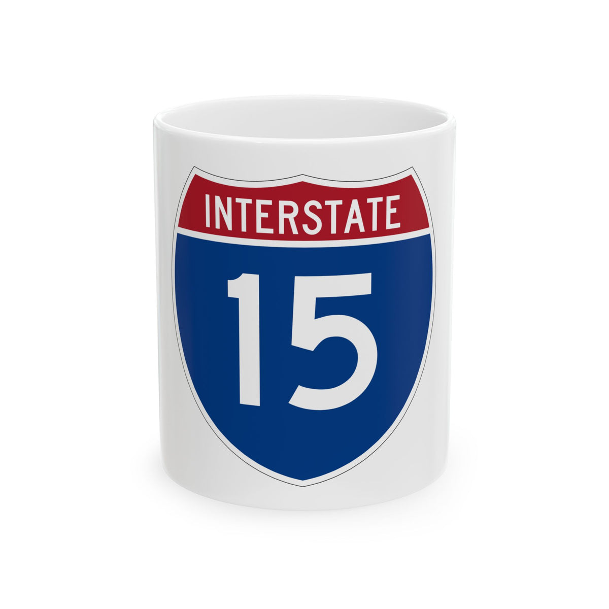 Blue and red Interstate highway shield reading INTERSTATE above the large white route number 15.
